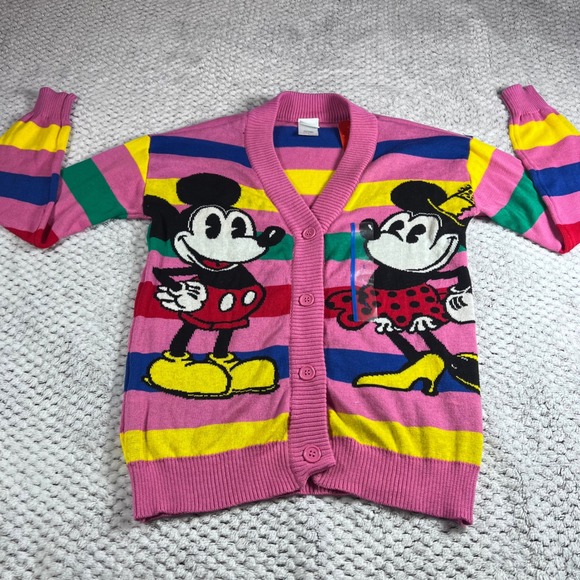 Disney Other - Disney Mickey Minnie Mouse Cardigan Sweater Pink Rainbow Stripe Size‎ LARGE NWT